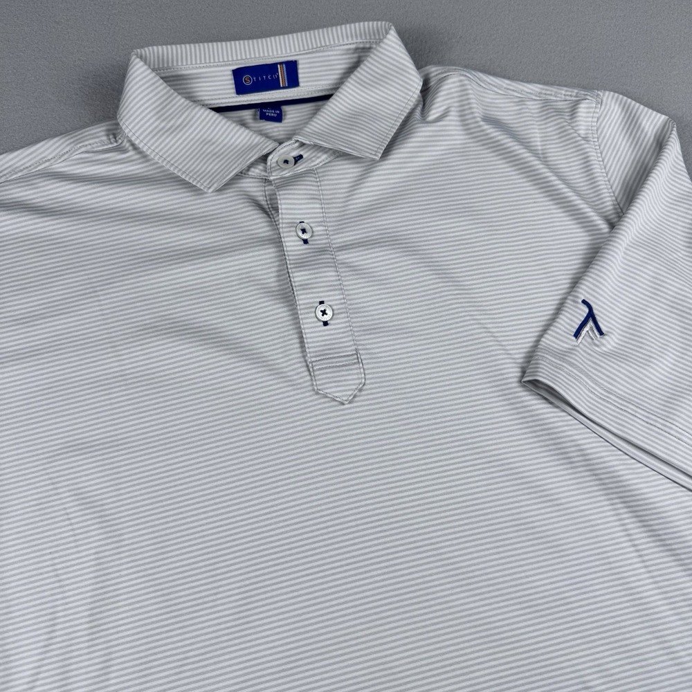 Stitch Performance Polo Men L Stripe Golf Stretch Short Sleeve Wicking White